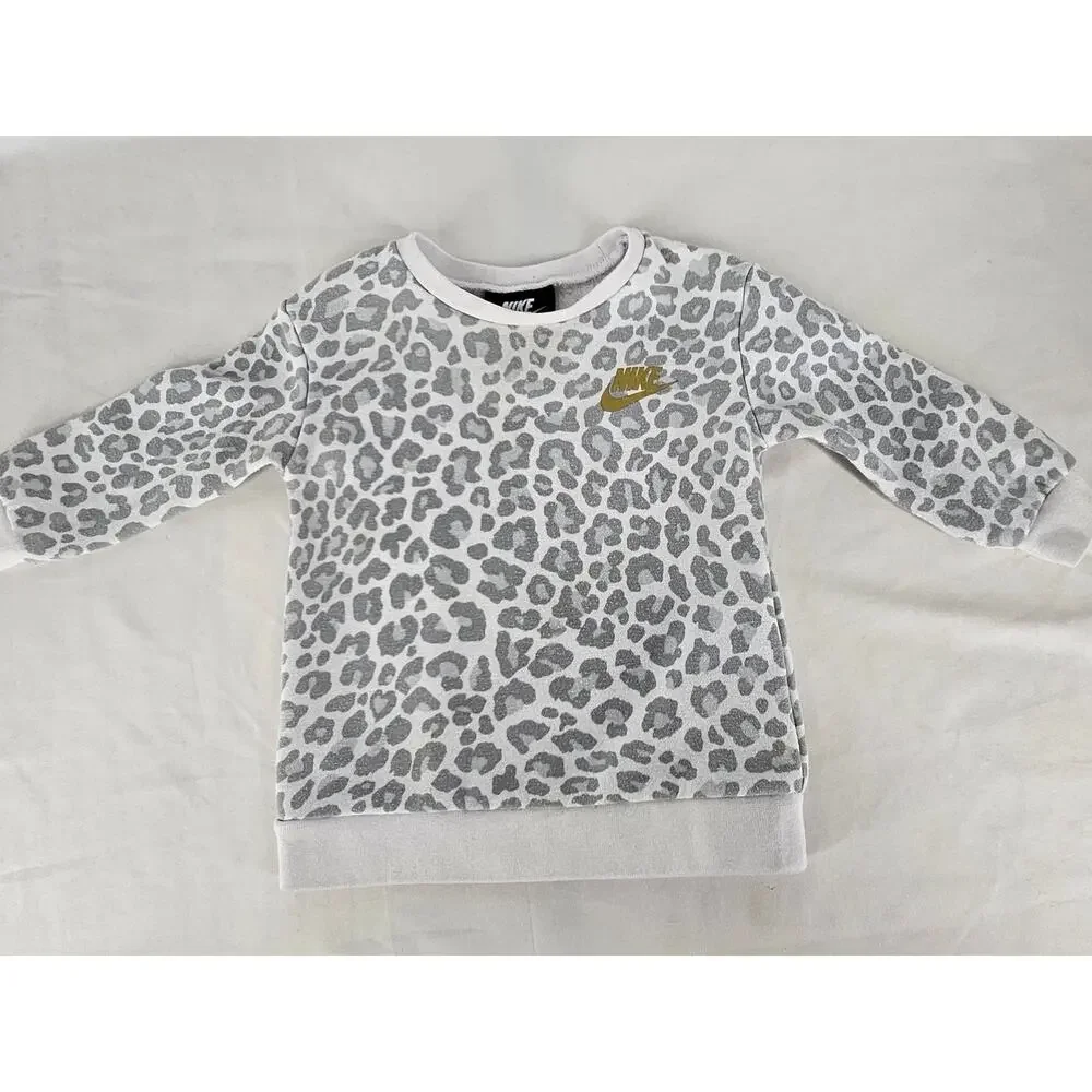 NIKE BABY GIRLS SWEATSHIRT – SIZE 12M – WHITE W/ GRAY CHEETAH PRINT COTTON BLEND